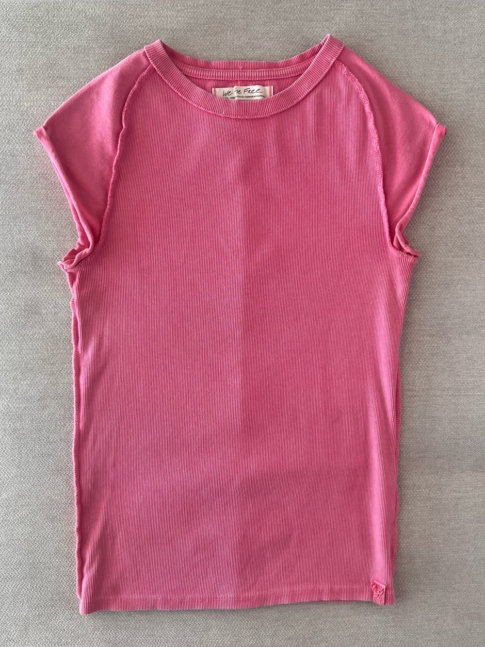 We The Free Pink Solid Rib Knit Raw Edge Crew Neck Short Roll Sleeve Women’s S